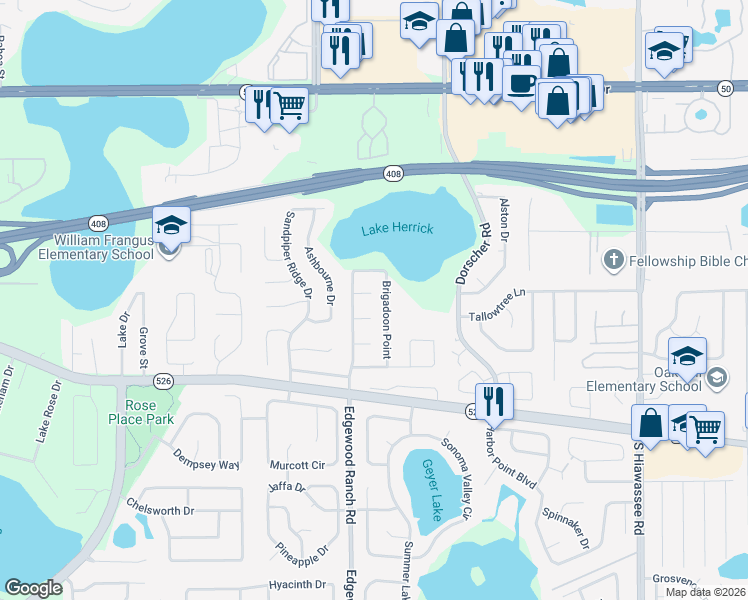 map of restaurants, bars, coffee shops, grocery stores, and more near 7621 Castle Bay Court in Orlando