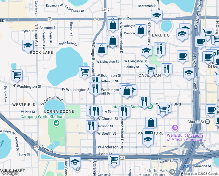 map of restaurants, bars, coffee shops, grocery stores, and more near 1045 West Washington Street in Orlando