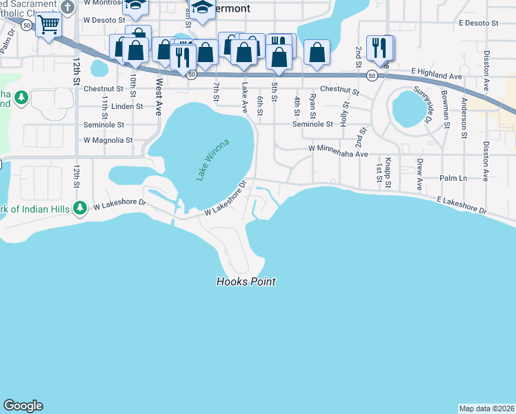 map of restaurants, bars, coffee shops, grocery stores, and more near 1879 Settle Street in Clermont