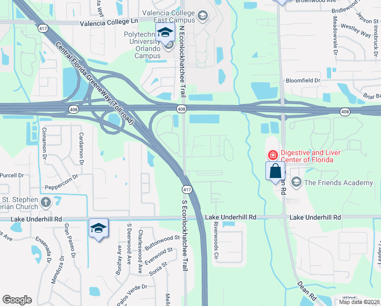 map of restaurants, bars, coffee shops, grocery stores, and more near 25 North Econlockhatchee Trail in Orlando