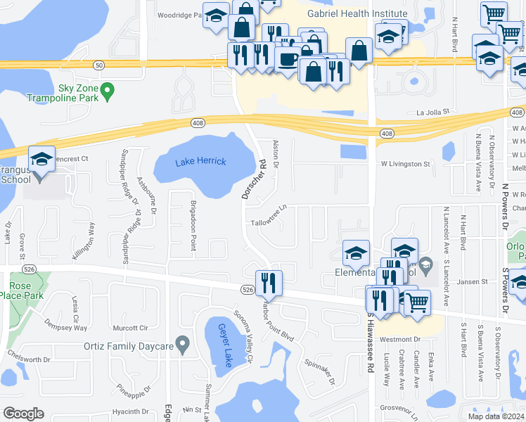 map of restaurants, bars, coffee shops, grocery stores, and more near 225 Alston Drive in Orlando