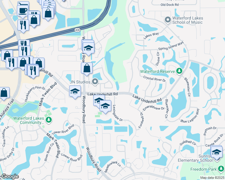 map of restaurants, bars, coffee shops, grocery stores, and more near 555 Waterscape Way in Orlando
