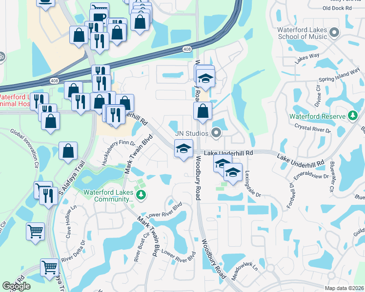 map of restaurants, bars, coffee shops, grocery stores, and more near 12759 Whiterapids Drive in Orlando