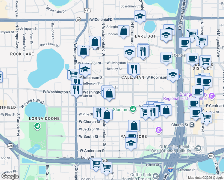 map of restaurants, bars, coffee shops, grocery stores, and more near 826 West Washington Street in Orlando