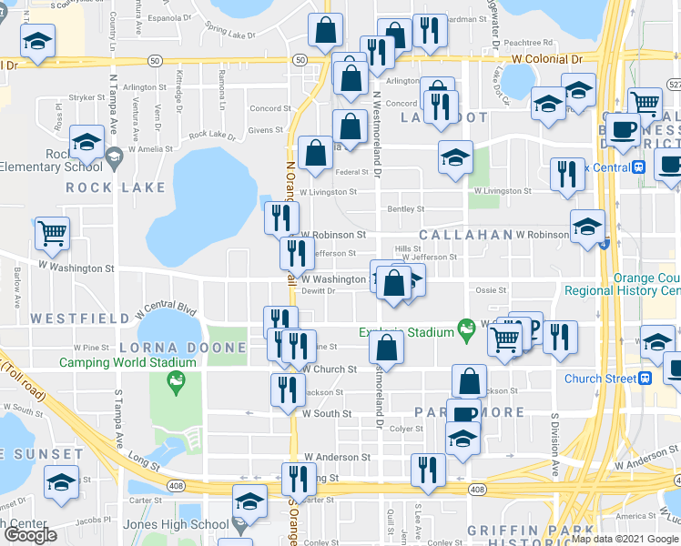map of restaurants, bars, coffee shops, grocery stores, and more near 1103 Dewitt Drive in Orlando