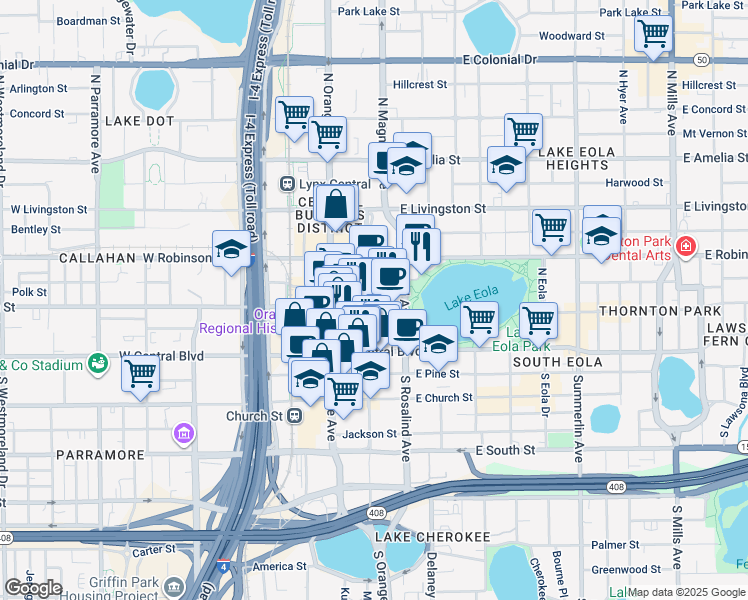 map of restaurants, bars, coffee shops, grocery stores, and more near 170 East Washington Street in Orlando