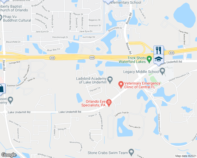 map of restaurants, bars, coffee shops, grocery stores, and more near 10881 Brown Trout Circle in Orlando