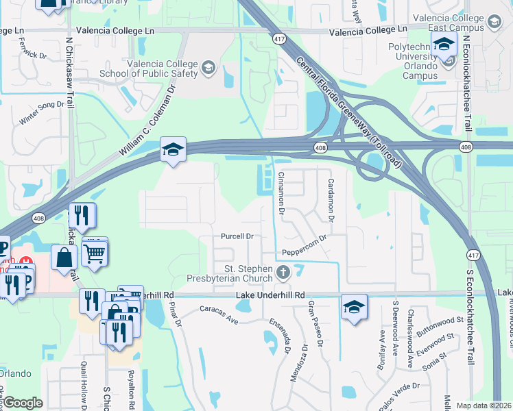 map of restaurants, bars, coffee shops, grocery stores, and more near 8503 Carob Court in Orlando