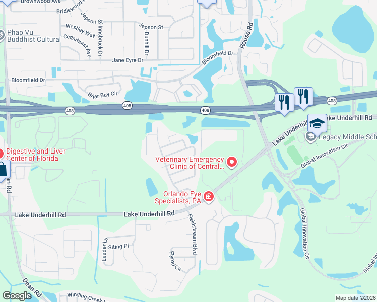 map of restaurants, bars, coffee shops, grocery stores, and more near 10881 Brown Trout Circle in Orlando