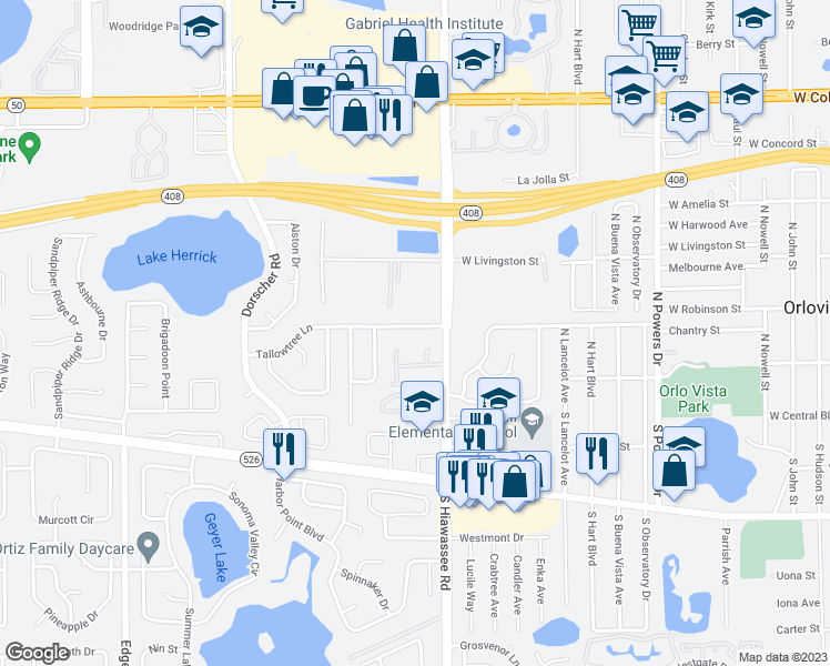 map of restaurants, bars, coffee shops, grocery stores, and more near 7024 Tallowtree Lane in Orlando