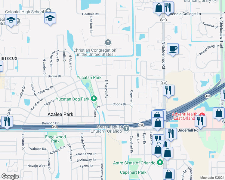 map of restaurants, bars, coffee shops, grocery stores, and more near 6742 Peony Lane in Orlando