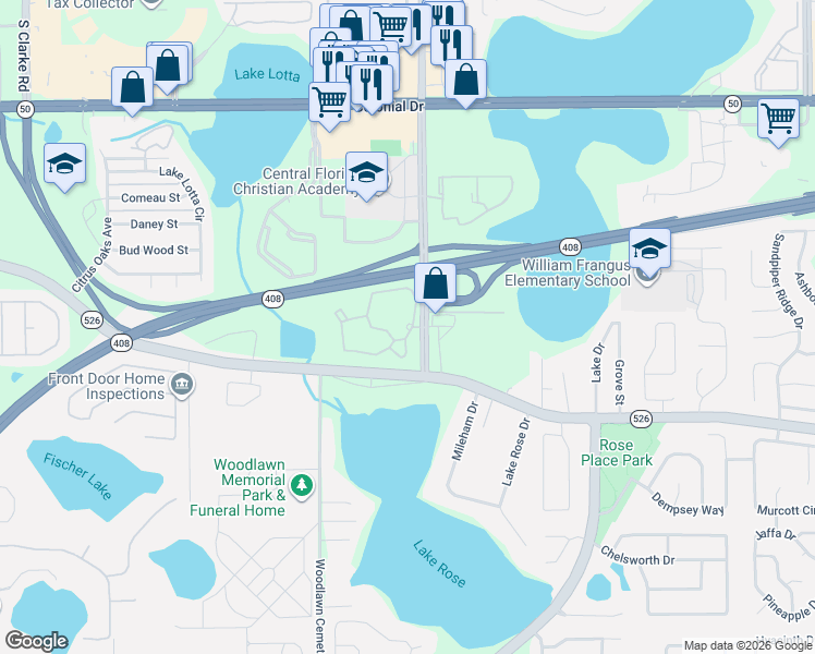 map of restaurants, bars, coffee shops, grocery stores, and more near 204 Hawthorne Groves Boulevard in Orlando