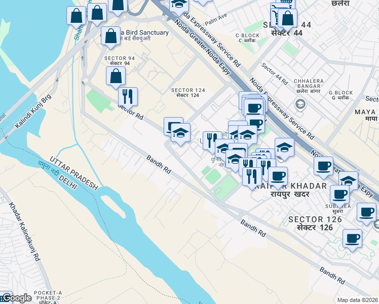 map of restaurants, bars, coffee shops, grocery stores, and more near in Noida