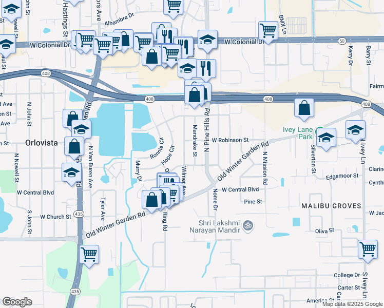 map of restaurants, bars, coffee shops, grocery stores, and more near 101 West Washington Street in Orlovista