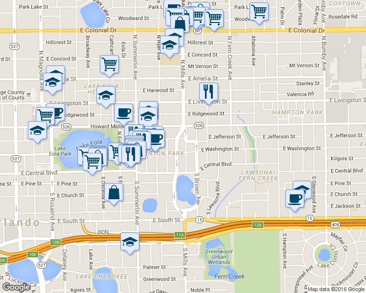 map of restaurants, bars, coffee shops, grocery stores, and more near in Orlando
