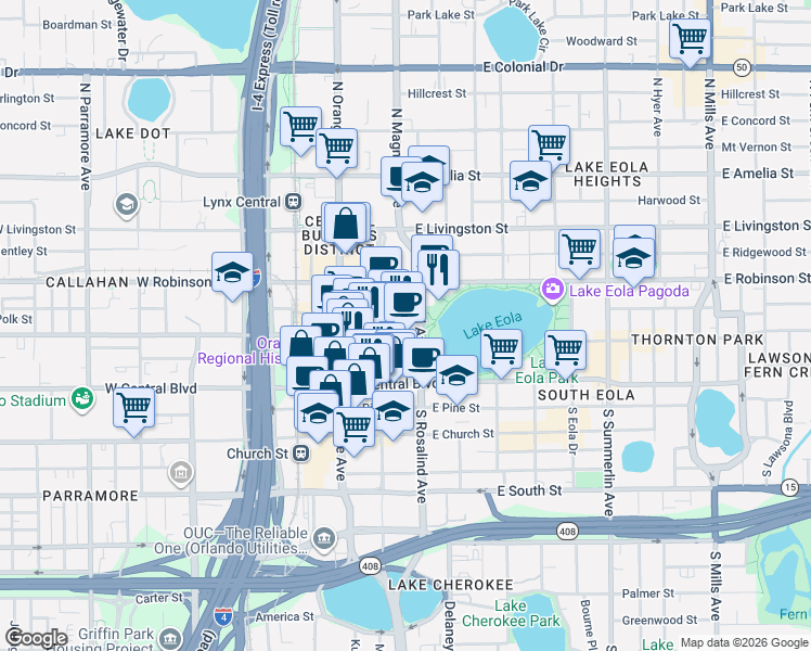 map of restaurants, bars, coffee shops, grocery stores, and more near in Orlando