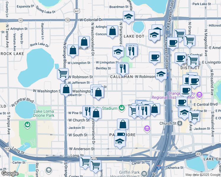 map of restaurants, bars, coffee shops, grocery stores, and more near 730 West Washington Street in Orlando