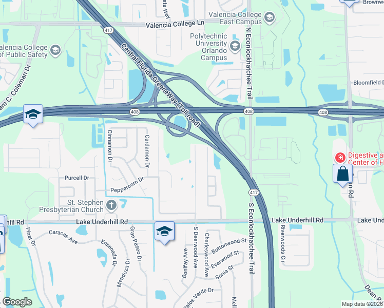 map of restaurants, bars, coffee shops, grocery stores, and more near 110 North Deerwood Avenue in Orlando
