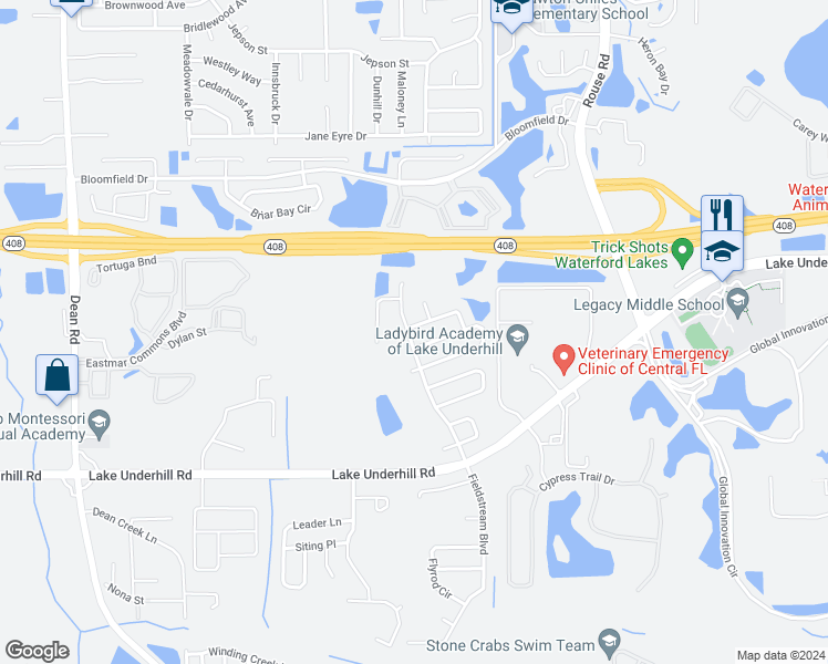 map of restaurants, bars, coffee shops, grocery stores, and more near 10704 Wildlife Place in Orlando