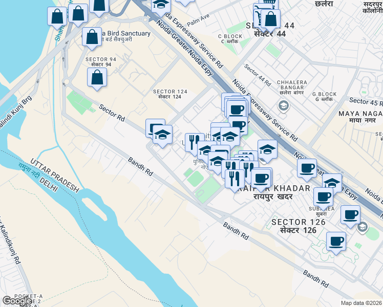 map of restaurants, bars, coffee shops, grocery stores, and more near in Noida