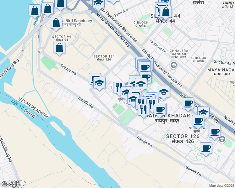map of restaurants, bars, coffee shops, grocery stores, and more near Sector Road in Noida