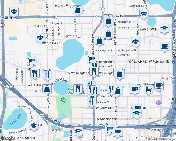 map of restaurants, bars, coffee shops, grocery stores, and more near 1339 North Nashville Avenue in Orlando