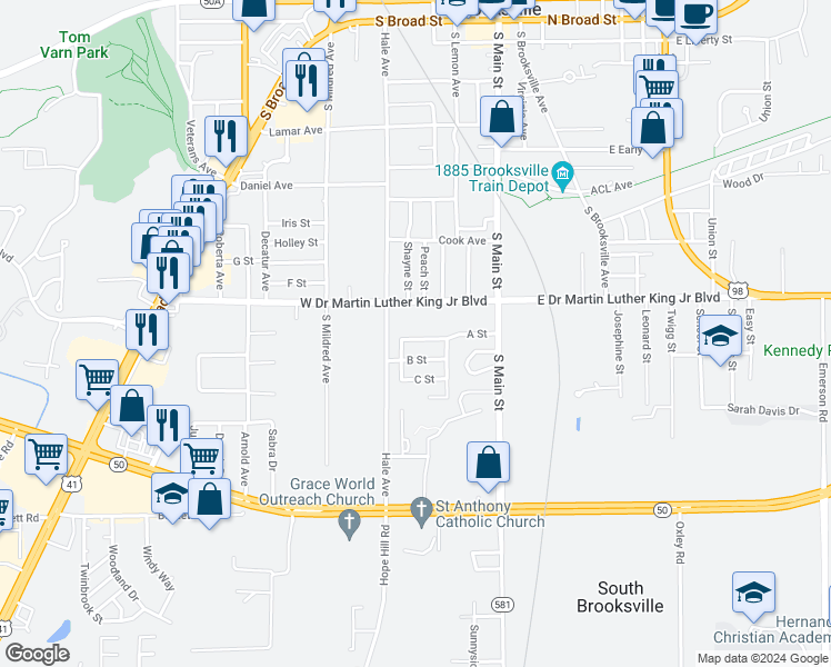 map of restaurants, bars, coffee shops, grocery stores, and more near 272 A Street in Brooksville