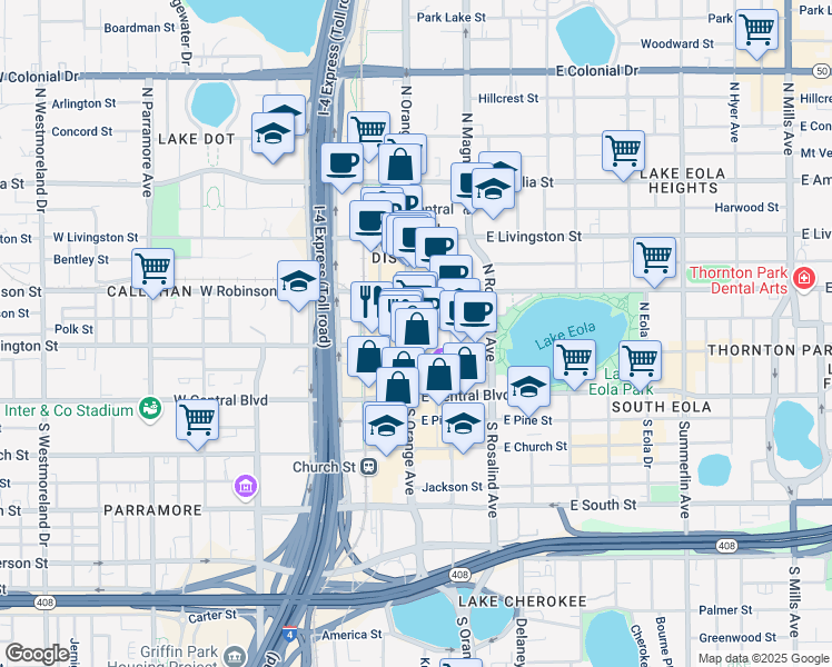 map of restaurants, bars, coffee shops, grocery stores, and more near 33 West Jefferson Street in Orlando