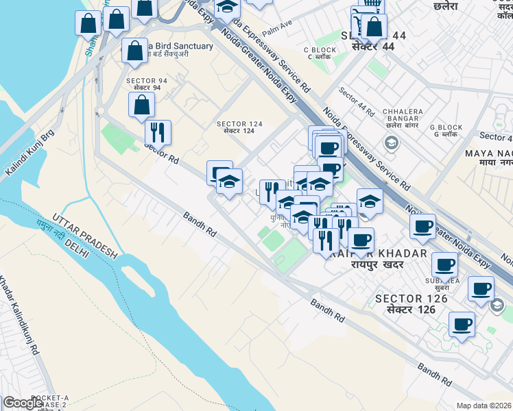map of restaurants, bars, coffee shops, grocery stores, and more near in Noida