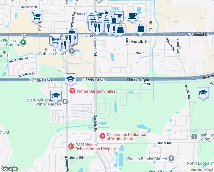map of restaurants, bars, coffee shops, grocery stores, and more near 259 Beard Road in Winter Garden