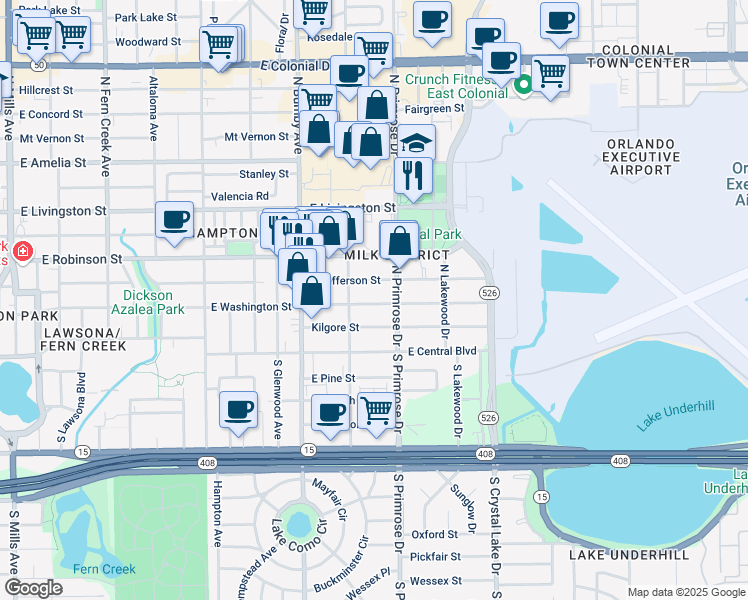 map of restaurants, bars, coffee shops, grocery stores, and more near 2606 East Jefferson Street in Orlando
