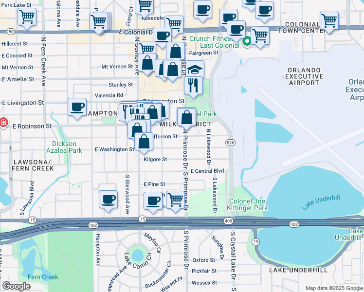 map of restaurants, bars, coffee shops, grocery stores, and more near 2714 East Jefferson Street in Orlando