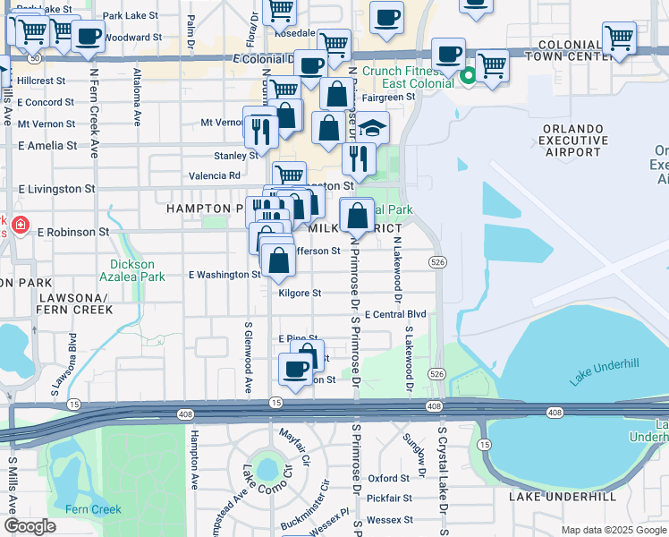 map of restaurants, bars, coffee shops, grocery stores, and more near 2606 East Jefferson Street in Orlando