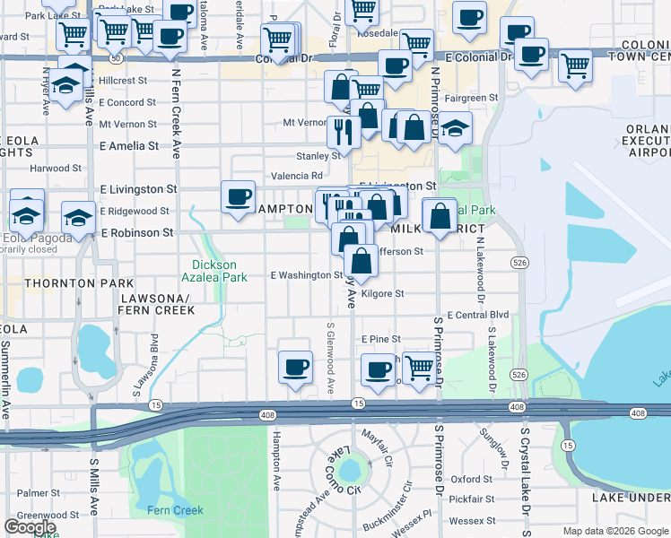 map of restaurants, bars, coffee shops, grocery stores, and more near 201 North Glenwood Avenue in Orlando
