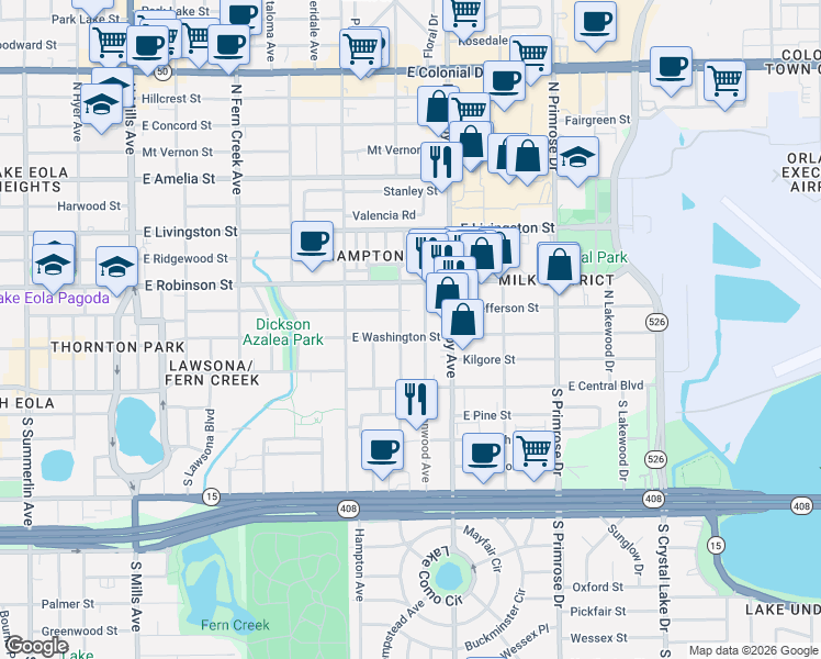 map of restaurants, bars, coffee shops, grocery stores, and more near 2121 East Jefferson Street in Orlando