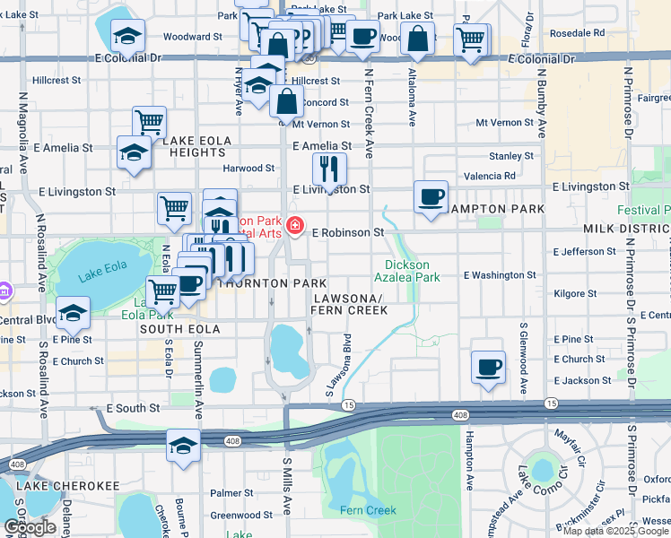 map of restaurants, bars, coffee shops, grocery stores, and more near 1415 East Jefferson Street in Orlando