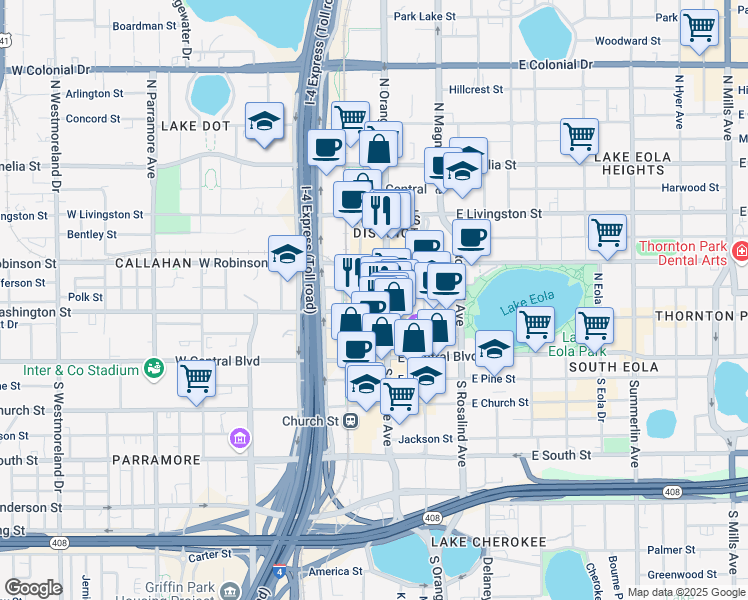 map of restaurants, bars, coffee shops, grocery stores, and more near 33 West Jefferson Street in Orlando