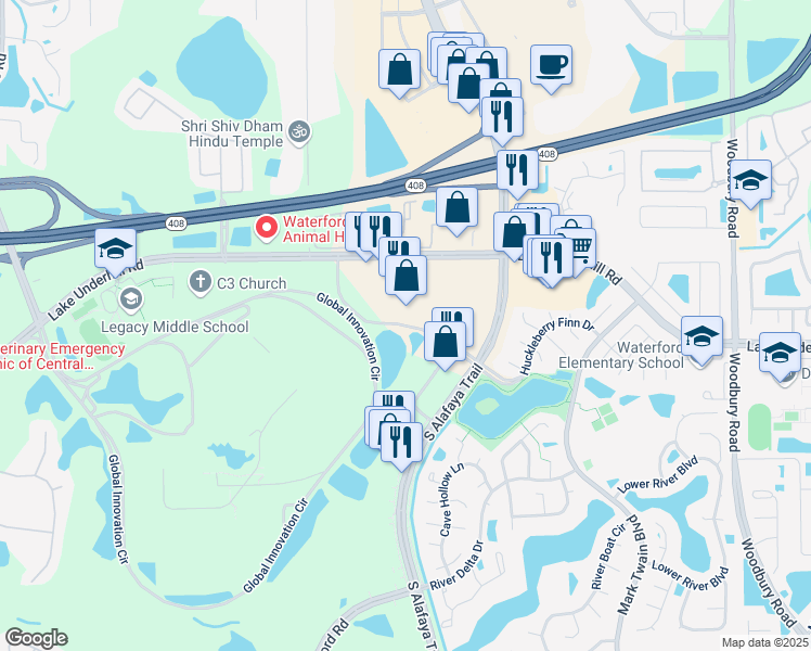 map of restaurants, bars, coffee shops, grocery stores, and more near Huckleberry Finn Drive in Orlando