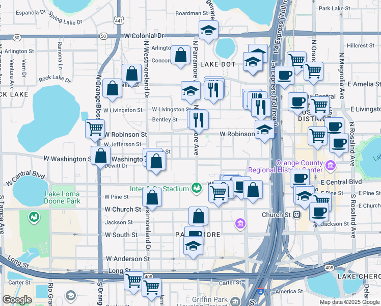 map of restaurants, bars, coffee shops, grocery stores, and more near 111 Mcquigg Avenue in Orlando