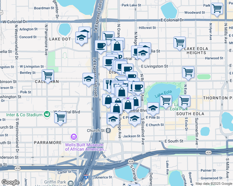 map of restaurants, bars, coffee shops, grocery stores, and more near 33 West Jefferson Street in Orlando