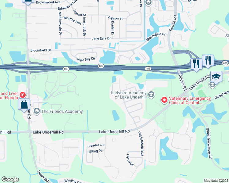 map of restaurants, bars, coffee shops, grocery stores, and more near 10648 Creel Court in Orlando