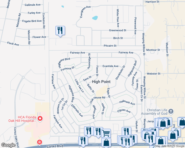 map of restaurants, bars, coffee shops, grocery stores, and more near 12118 Thornridge Street in Brooksville