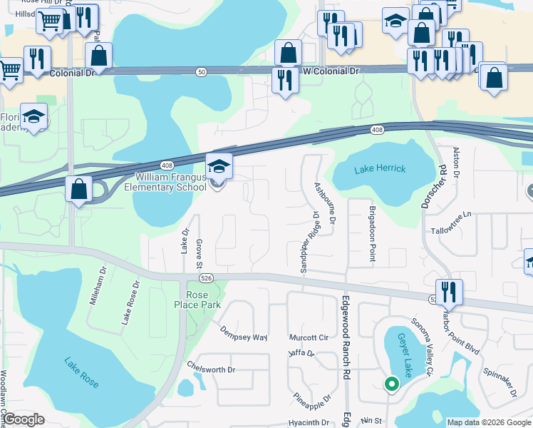 map of restaurants, bars, coffee shops, grocery stores, and more near 363 Killington Way in Orlando