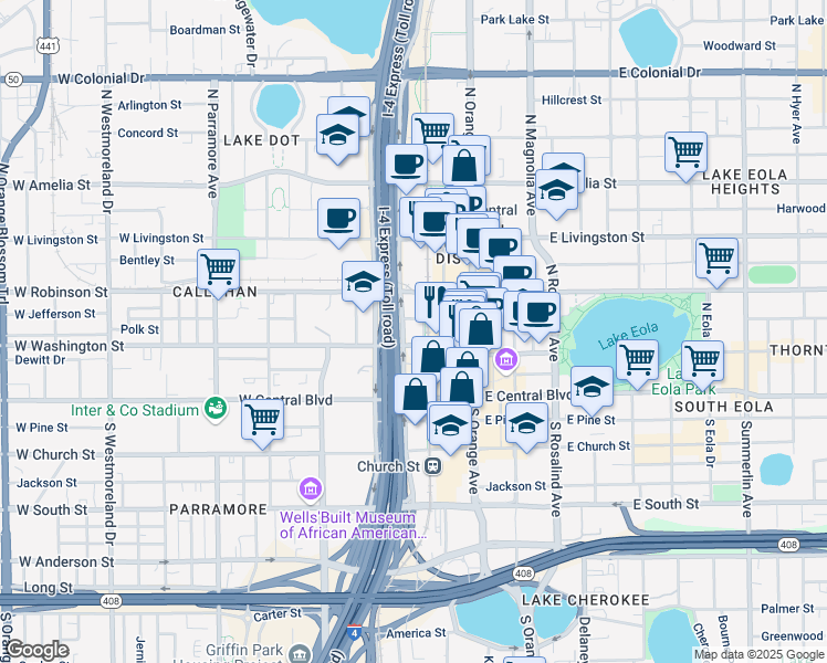 map of restaurants, bars, coffee shops, grocery stores, and more near 111 West Jefferson Street in Orlando