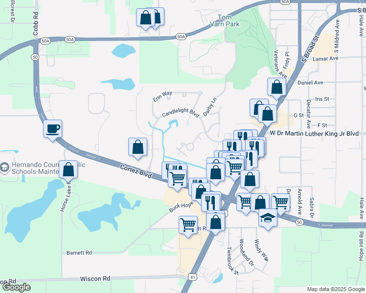 map of restaurants, bars, coffee shops, grocery stores, and more near 1071 Candlelight Boulevard in Brooksville