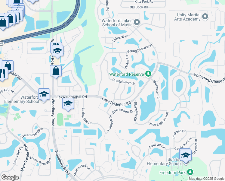 map of restaurants, bars, coffee shops, grocery stores, and more near 13413 Splash Court in Orlando
