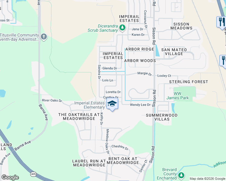 map of restaurants, bars, coffee shops, grocery stores, and more near 890 Penny Drive in Titusville