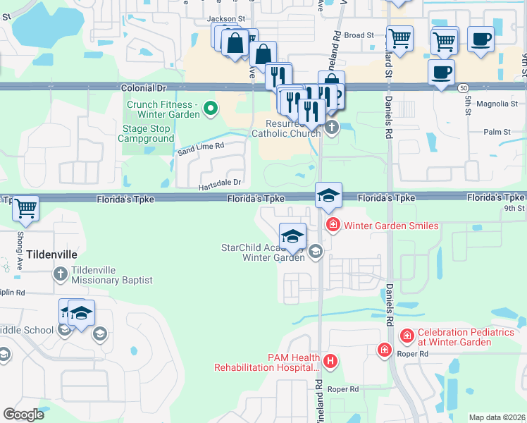 map of restaurants, bars, coffee shops, grocery stores, and more near 225 Southern Pecan Circle in Winter Garden