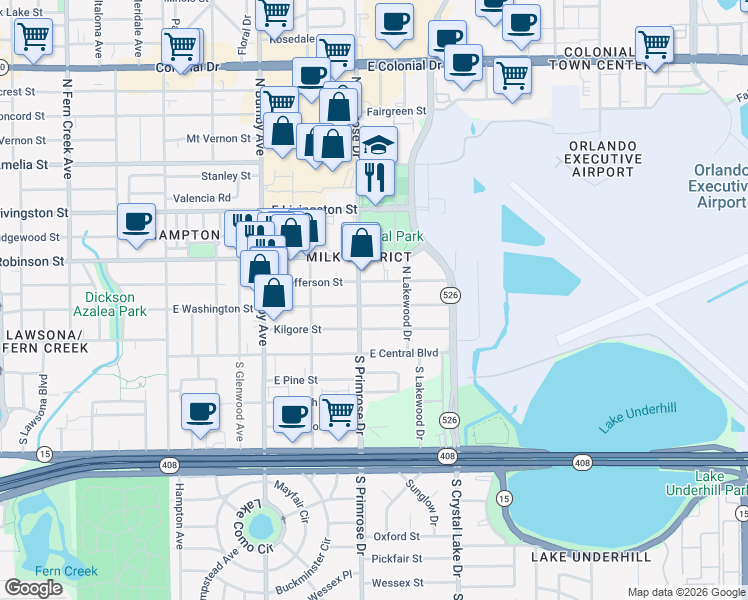 map of restaurants, bars, coffee shops, grocery stores, and more near 2908 East Jefferson Street in Orlando