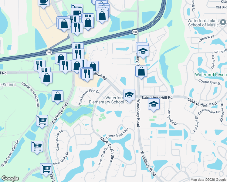 map of restaurants, bars, coffee shops, grocery stores, and more near 12689 Whiterapids Drive in Orlando